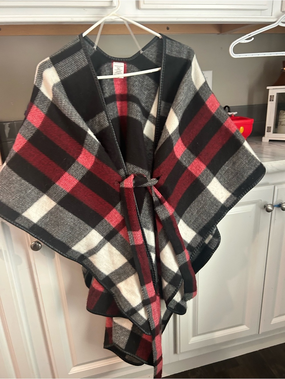 Plaid Wrap Cape with Tie - Red, Black & Cream